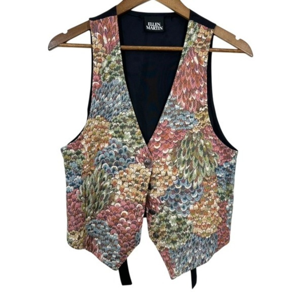 Vintage 90s Tapestry Feather Vest Multicolor Tie Back Grunge Hipster